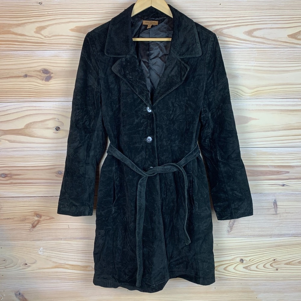 Y2K Arden B Trench Coat Women Large Suede‎ Leather Black Western Boho